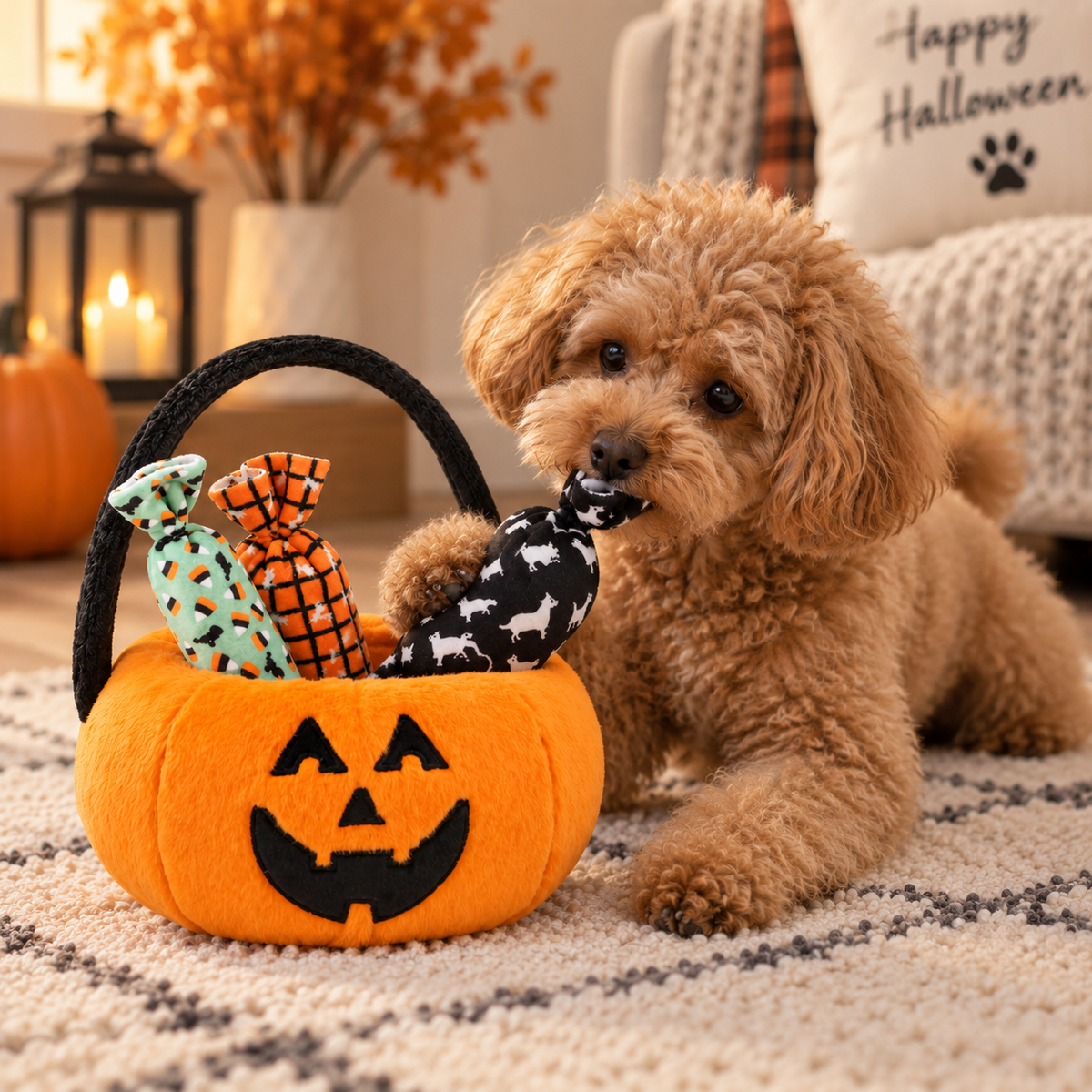Panier citrouille Halloween avec 3 jouets pour chiens