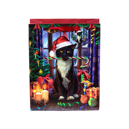 Large Christmas gift bag with candy cane cat