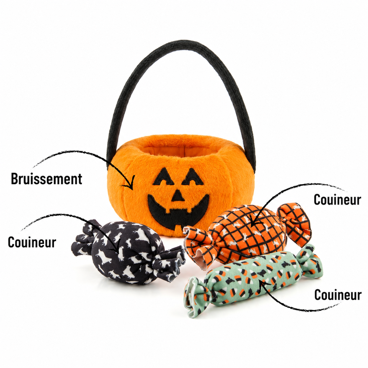 Panier citrouille Halloween avec 3 jouets pour chiens